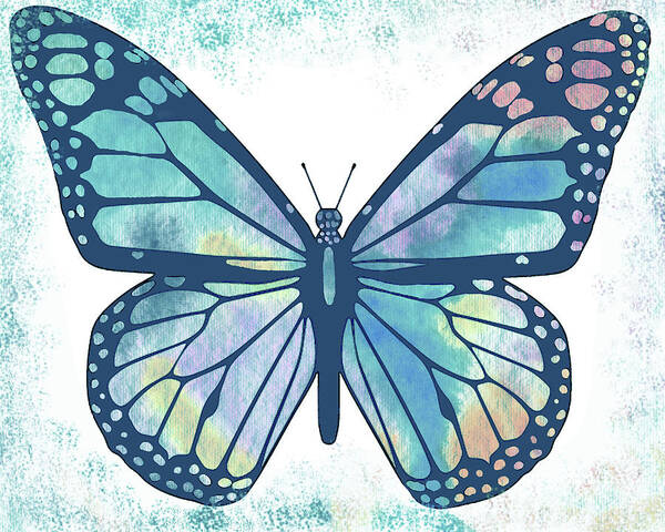 Butterflies Art Print featuring the painting Watercolor Butterfly In Teal Blue Sky V by Irina Sztukowski