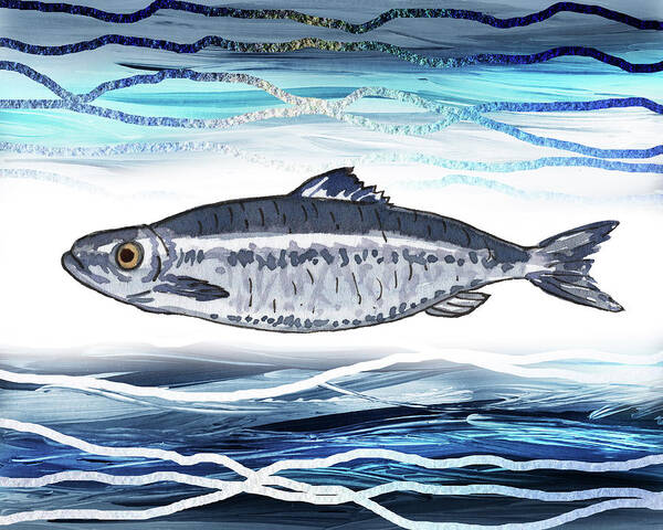 Watercolor Art Print featuring the painting Watercolor Herring Fish Teal Blue Waves by Irina Sztukowski