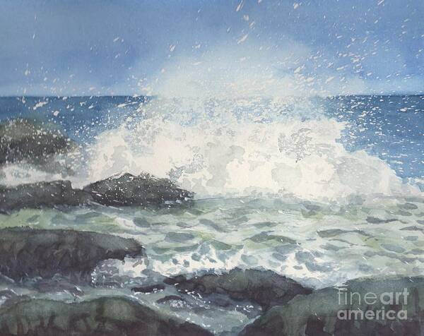 Wave Crashing On Rocks Art Print featuring the painting Wave Crash by Vicki B Littell