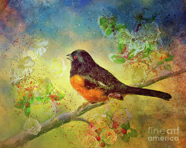 Towhee Art Print featuring the digital art Welcoming Spring by Lois Bryan