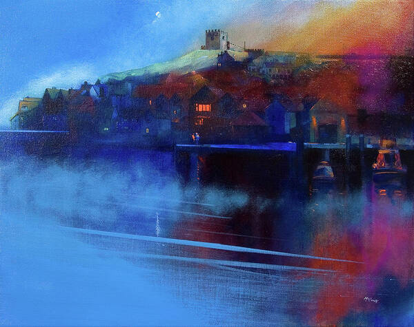 Whitby Art Print featuring the painting Whitby Moon and Mist by Neil McBride