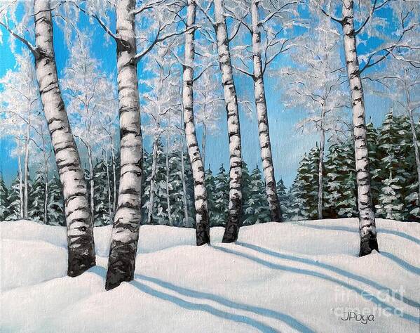 Birch Art Print featuring the painting White birch, frosty day 3 by Inese Poga