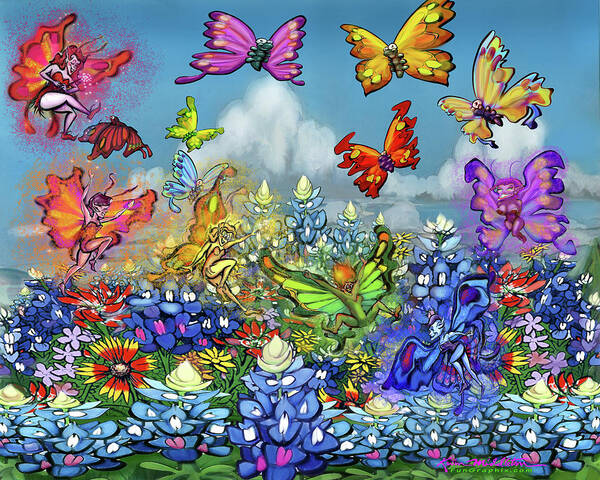 Wildflowers Art Print featuring the digital art Wildflowers Pixies Bluebonnets n Butterflies by Kevin Middleton