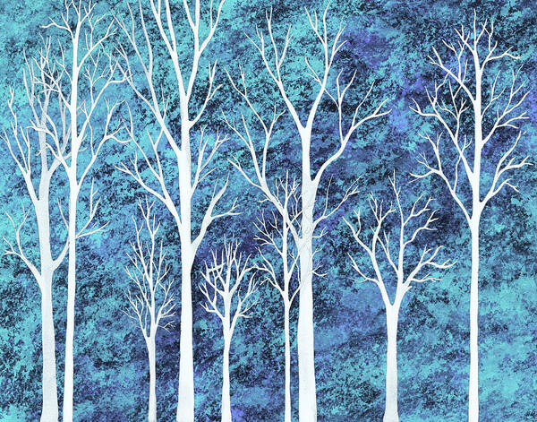 Abstract Forest Art Print featuring the painting Winter Blue Abstract Forest Trees Cool Teal Watercolor by Irina Sztukowski