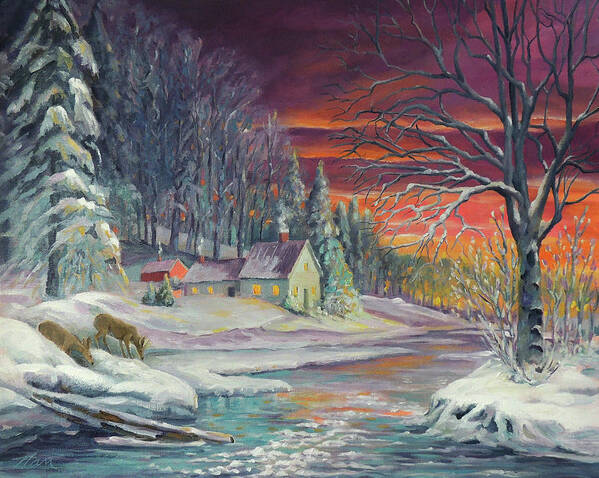 Winter Art Print featuring the painting Winter Sunset By The River by Nancy Griswold