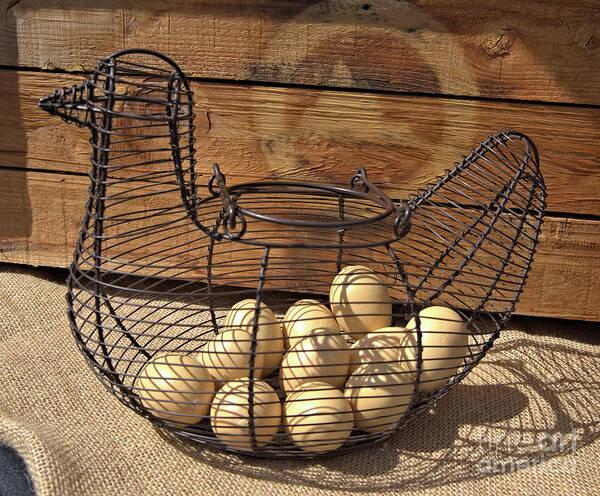Wire Art Print featuring the photograph Wire Chicken Faux Eggs by Kae Cheatham