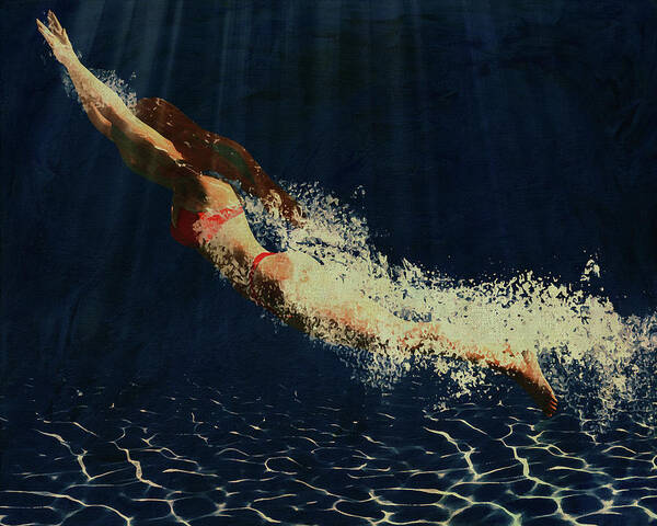 Water Art Print featuring the digital art Woman Diving into the swimmingpool by Jan Keteleer