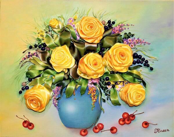 Wall Art Flowers Art Yellow Roses Red Berry Red Cherries Art Yellow Flowers Wall Décor Mixed Media Oil Painting & Ribbon Embroidery On Canvas Art Print featuring the mixed media Yellow Roses by Tanya Harr