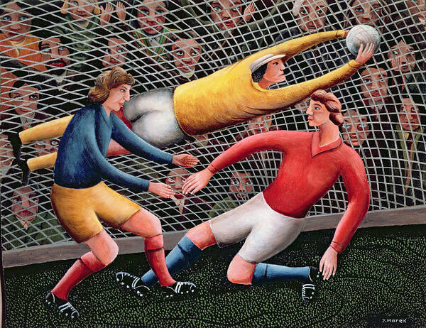 Football; Nets; Goal; Keeper; Crowd; Tackle Art Print featuring the painting It's a Great Save by Jerzy Marek