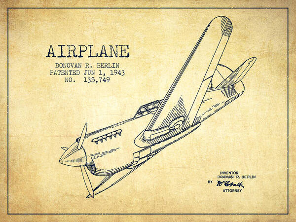 Airplane Art Print featuring the digital art Airplane patent Drawing from 1943-Vintage #2 by Aged Pixel
