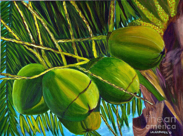 Coconuts Art Print featuring the painting Coconuts at sunset by Laura Forde
