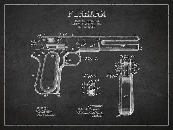 Gun Art Print featuring the digital art Firearm Patent Drawing from 1897 - Dark by Aged Pixel