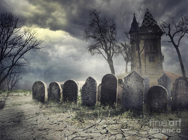 Halloween Art Print featuring the digital art Hunted House on Graveyard #1 by Jelena Jovanovic