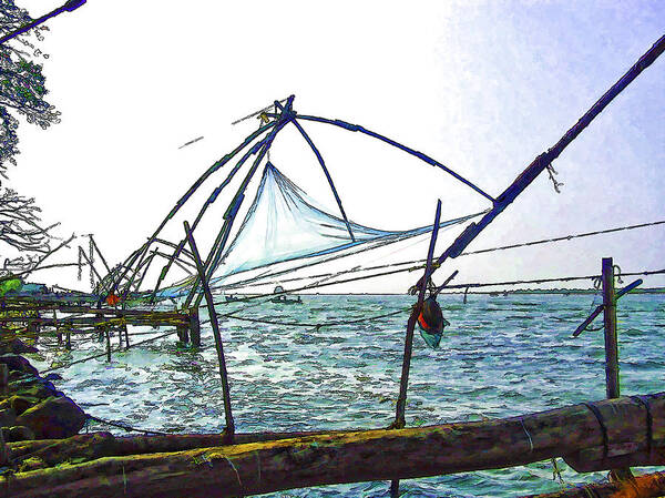 Action Art Print featuring the digital art Fishing nets on the sea coast in Alleppey #12 by Ashish Agarwal
