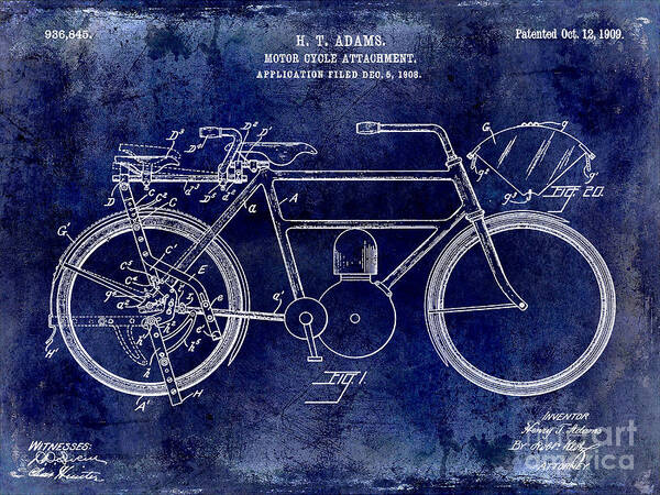 Harley Davidson Patent Drawing Art Print featuring the photograph 1909 Motorcycle Patent Drawing Blue by Jon Neidert