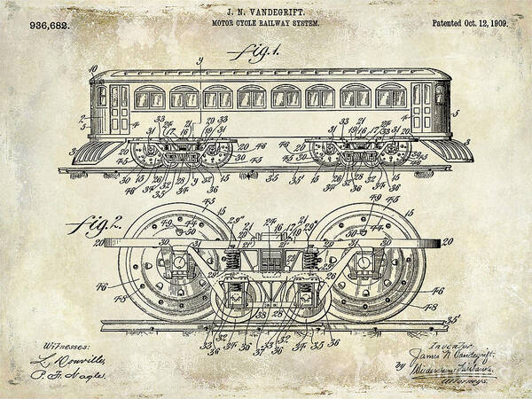 Railroad Art Print featuring the photograph 1909 Railway System Patent Drawing by Jon Neidert