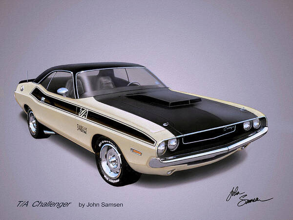 Automotive Fine Art Art Print featuring the painting 1970 CHALLENGER T-A Dodge muscle car sketch rendering by John Samsen