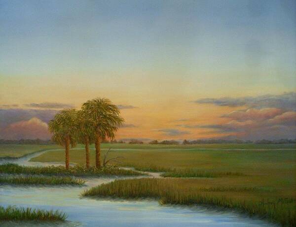 Coastal Marsh Sunset Art Print featuring the painting Santee Sunset by Audrey McLeod