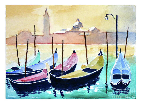 Venice Art Print featuring the painting Venice gondolas by Godwin Cassar