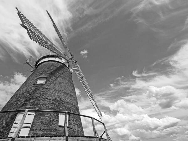 Windmill Art Print featuring the photograph Windmill In The Sky in Black and White by Gill Billington