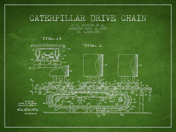 Caterpillar Art Print featuring the digital art Caterpillar Drive Chain patent from 1952 #3 by Aged Pixel