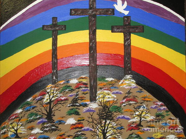 3 Crosses Art Print featuring the painting 3 Crosses and A Rainbow by Jeffrey Koss