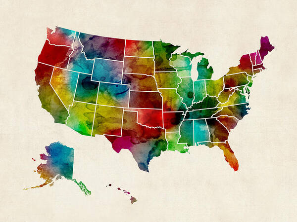 United States Map Art Print featuring the digital art United States Watercolor Map #4 by Michael Tompsett