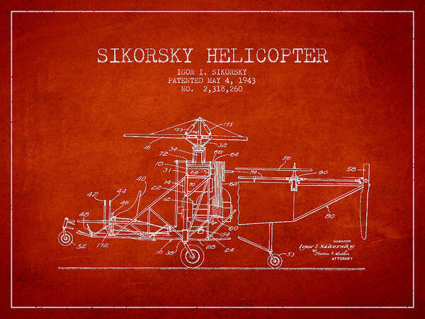 Helicopter Art Print featuring the digital art Sikorsky Helicopter patent Drawing from 1943 #3 by Aged Pixel