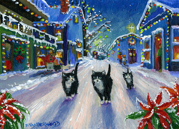 Black And White Cats Art Print featuring the painting A Christmas Eve Walk by Jacquelin L Westerman