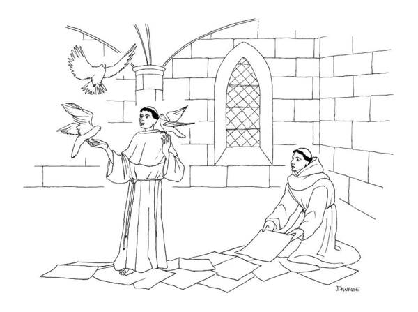 Captionless St. Francis Art Print featuring the drawing A Clergyman Handles Three Doves/pigeons by Dan Roe