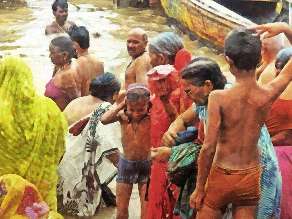 Landscape Art Print featuring the digital art A Family Bathing in the Ganges River by Digital Photographic Arts