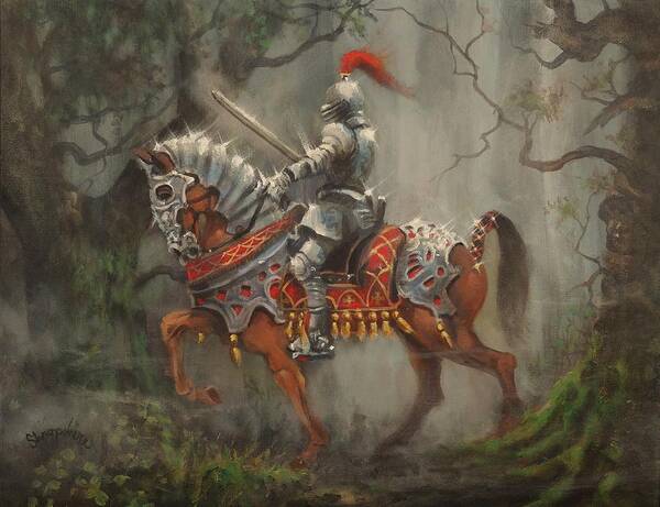 Knight On Horseback Art Print featuring the painting A Knight in Shining Armor by Tom Shropshire