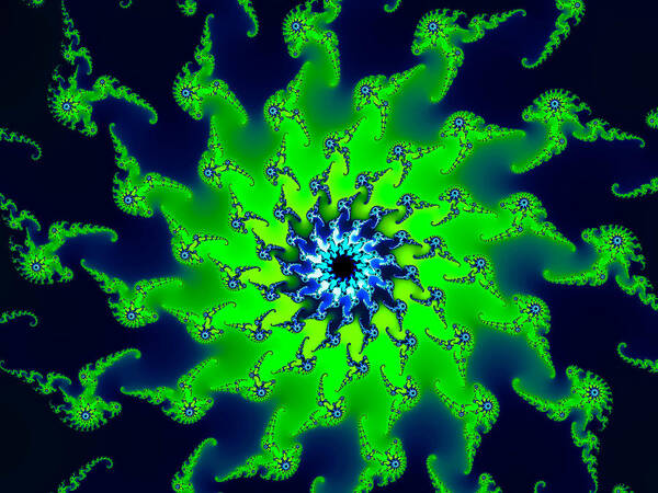 Green Art Print featuring the digital art Abstract fractal art fresh bright green and dark blue by Matthias Hauser