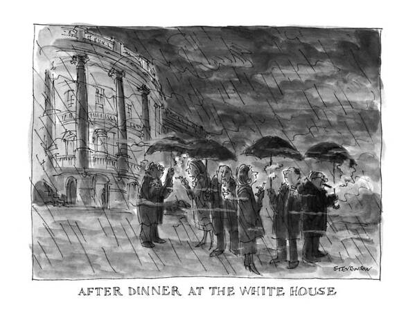 After Dinner At The White House
(group Of People With Umbrellas Art Print featuring the drawing After Dinner At The White House by James Stevenson