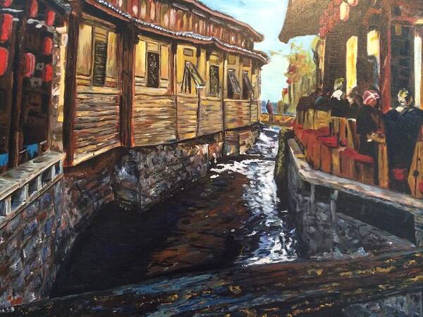 Liqiang Art Print featuring the painting Afternoon Delight in Old Town of Lijiang by Belinda Low