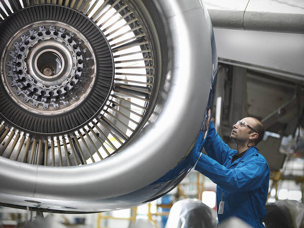 Expertise Art Print featuring the photograph Aircraft engineer working on 737 jet engine in airport by Monty Rakusen