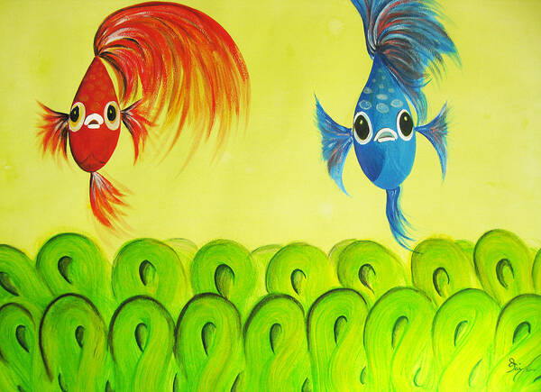 Whimsical Fish Art Print featuring the painting Alpha and Beta by Oiyee At Oystudio