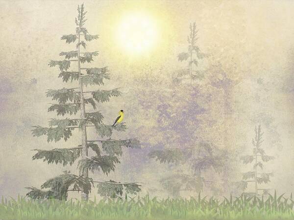 Goldfinch Art Print featuring the digital art American Goldfinch Morning Mist by David Dehner