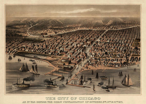 Chicago Art Print featuring the drawing Antique Map of Chicago Illinois as it Appeared in 1871 Before the Fire by Blue Monocle