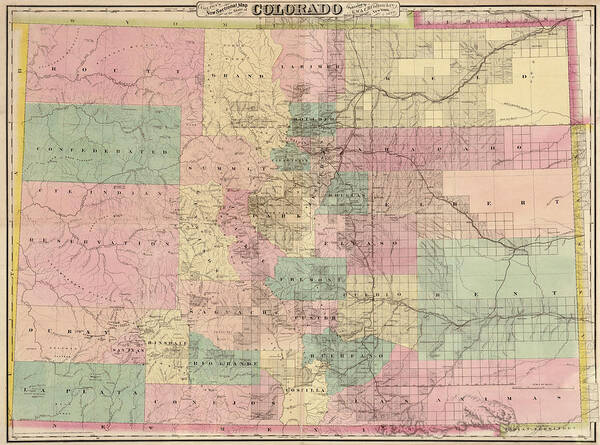 Colorado Art Print featuring the drawing Antique Map of Colorado by G.W. and C.B. Colton and Co. - 1878 by Blue Monocle