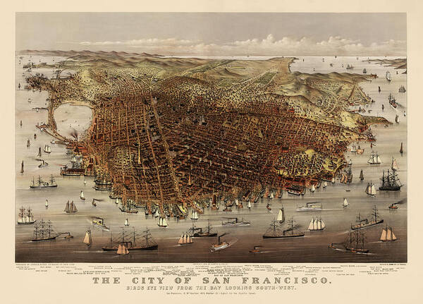 San Francisco Art Print featuring the drawing Antique Map of San Francisco by Currier and Ives - circa 1878 by Blue Monocle