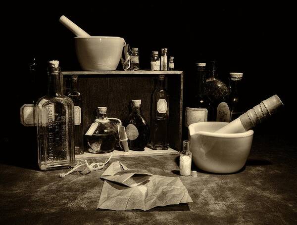 Glassware Art Print featuring the photograph Apothecary sepia by Mark Fuller