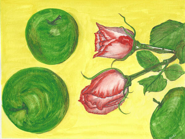 Apples Art Print featuring the painting Apples and Roses by Bertie Edwards