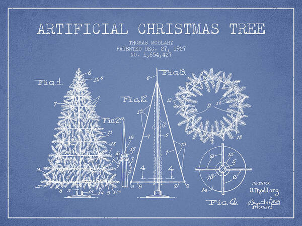 Christmas Art Print featuring the digital art Artifical Christmas Tree Patent from 1927 - Light Blue by Aged Pixel