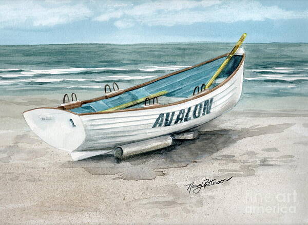 Lifeguard Boat Art Print featuring the painting Avalon Lifeguard Boat by Nancy Patterson