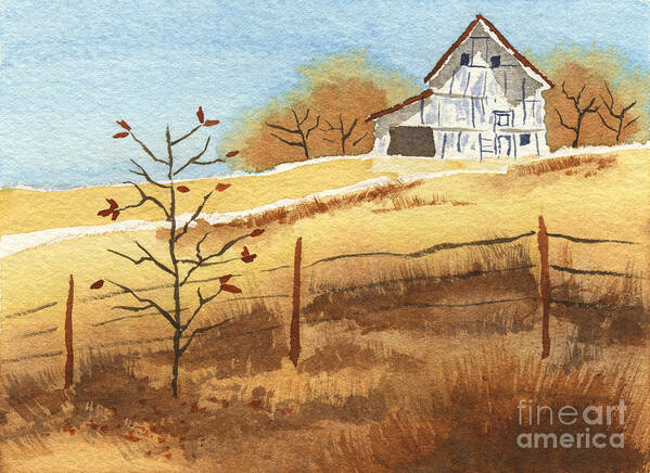 Watercolor Painting Art Print featuring the painting Barn in Autumn by Beverly Claire Kaiya