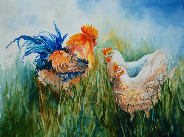 Roosters Art Print featuring the painting Barnyard Family by Marilyn Clement