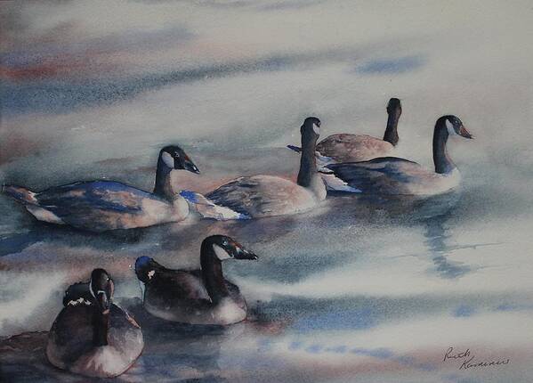 Canada Geese Art Print featuring the painting Bachelor Party by Ruth Kamenev