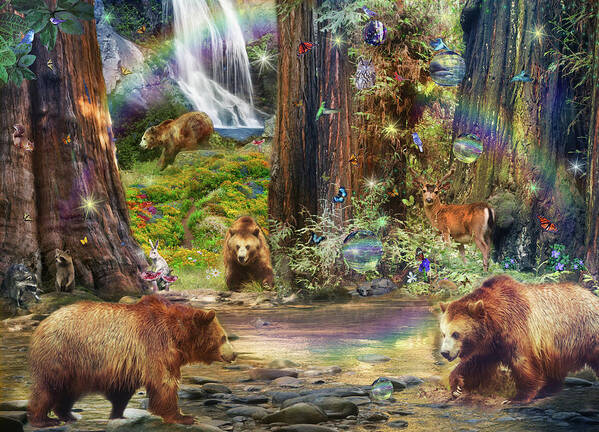 Bears Art Print featuring the drawing Bear Forest Magical by MGL Meiklejohn Graphics Licensing
