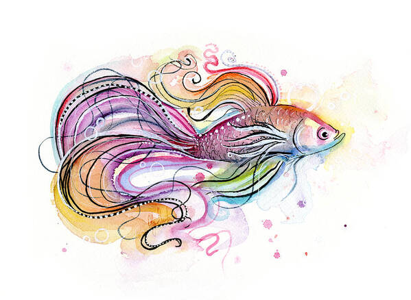 Fish Art Print featuring the painting Betta Fish Watercolor by Olga Shvartsur